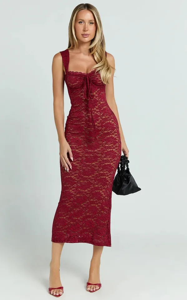 Showpo Collette Wine Red Lace Midi Dress - Image 5