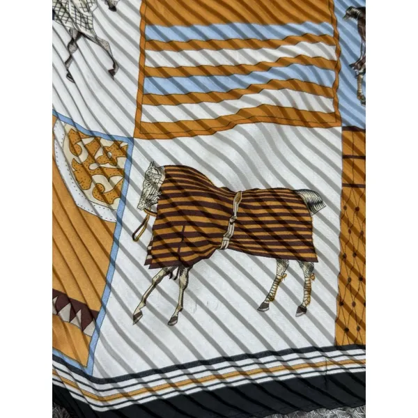 ⁠Vintage Pleated Scarf Equestrian Horse Print Gold Blue Yellow Square Neck Wrap⁠ - Image 8