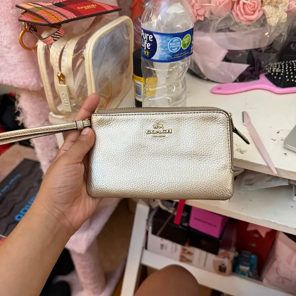 Coach Metallic Silver‎ Pebbled Leather Double Zip Compartment Wristlet Bag - Image 3