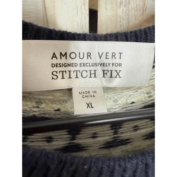 AMOUR VERT Women's XL Whistler Nordic Fair Isle Ribbed Knit Sweater Navy Cream - Image 9