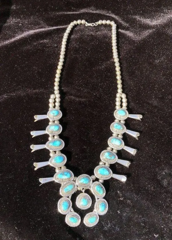 Vintage Sterling Silver Kingman Turquoise Squash Blossom Necklace Jewelry - Image 2