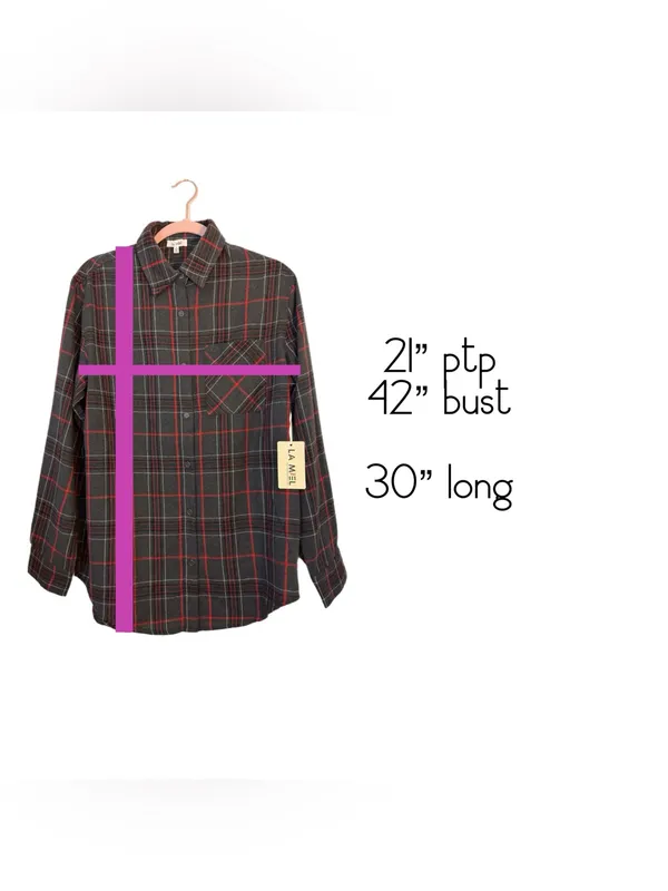 La Miel Plaid Oversized Shirt Gray Red Button Front Long Sleeve Top Small NWT - Image 11