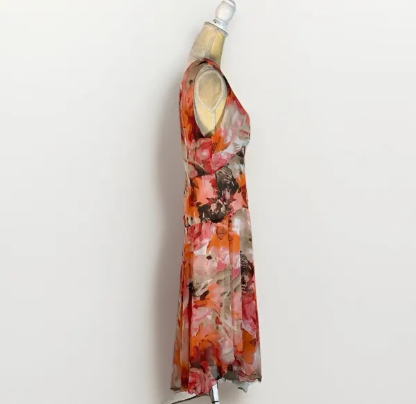 Dressbarn Y2K Chiffon Draped Midi Dress size 14 Pink Floral Silky 2000's - Image 5