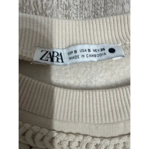Zara Womens‎ Cream Embroidered Bib Sweatshirt Long Sleeve Crew Neck Small - Image 3