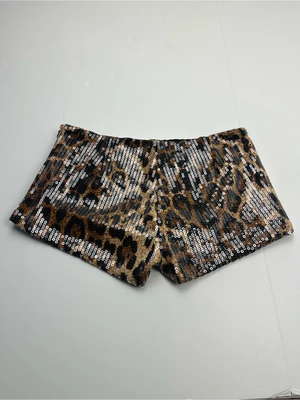 Edikted Sequin Leopard Print Micro Shorts Brown Black Womens Small Stretch NEW - Image 13