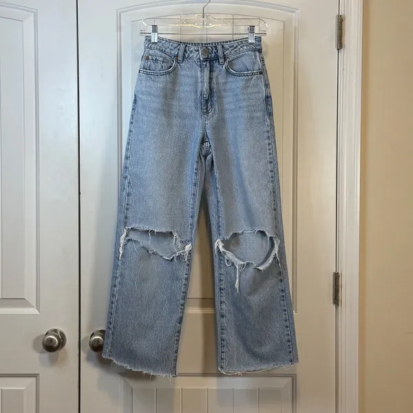 Garage High Waisted Wide Leg Distressed Denim Jeans Light Wash‎ Blue Size 25" - Image 2