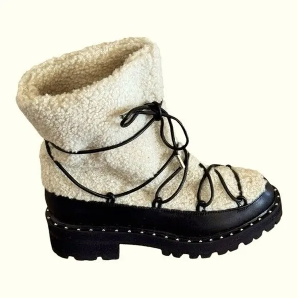 AQUA Fuzz Women’s Leather Lug Sole Sherpa Lace Up Winter Boot Black Size 6.5 - Image 5