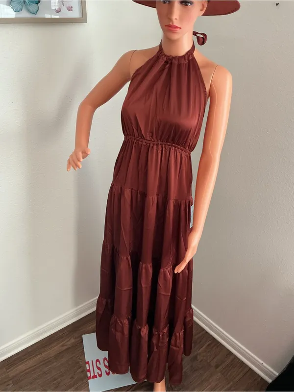 Love by Design Brown Satin Halter Tiered Maxi Dress XS NWT - Image 3