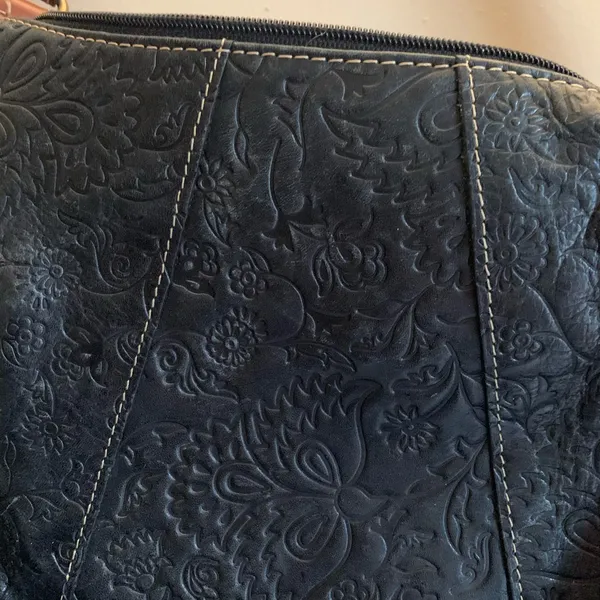 Fossil Black Embossed Shoulder Bag Tan Strap Purse Vintage 1990s Y2K - Image 3