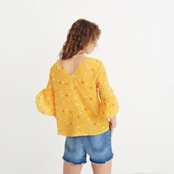 Madewell Silk Painted Carnations Floral‎ Ruffle Sleeve Blouse Gold Yellow - Image 2