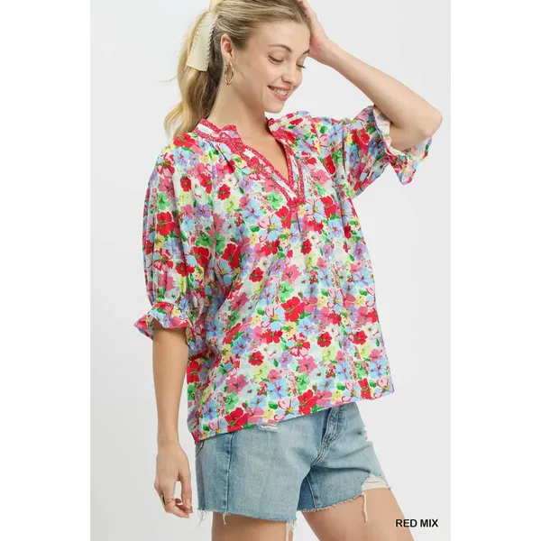 Umgee Mix Floral Print‎ Ruffle Top - Red- Small - Image 2