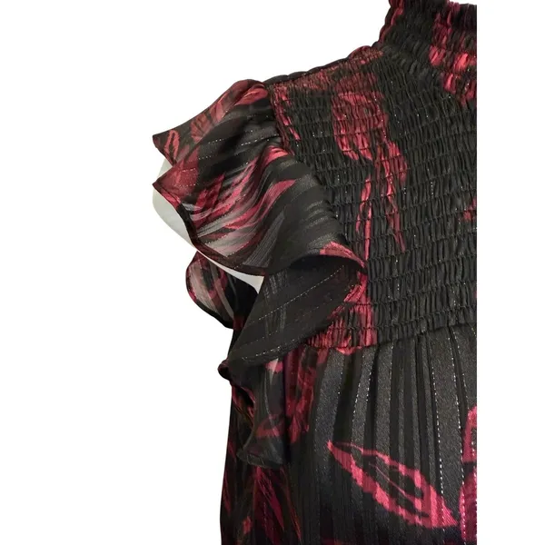 WHITE HOUSE BLACK MARKET Dress Black‎ Red Floral Ruffle Sleeve Smocked EUC XS - Image 5