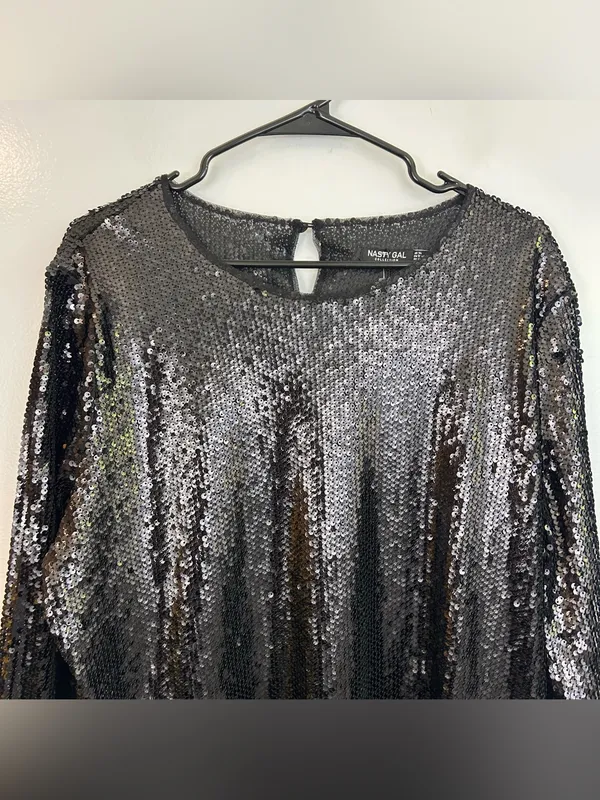 NWT Nasty Gal Black Sheer Sequin Long Sleeve Mini Shift Party Dress Size 18 - Image 2