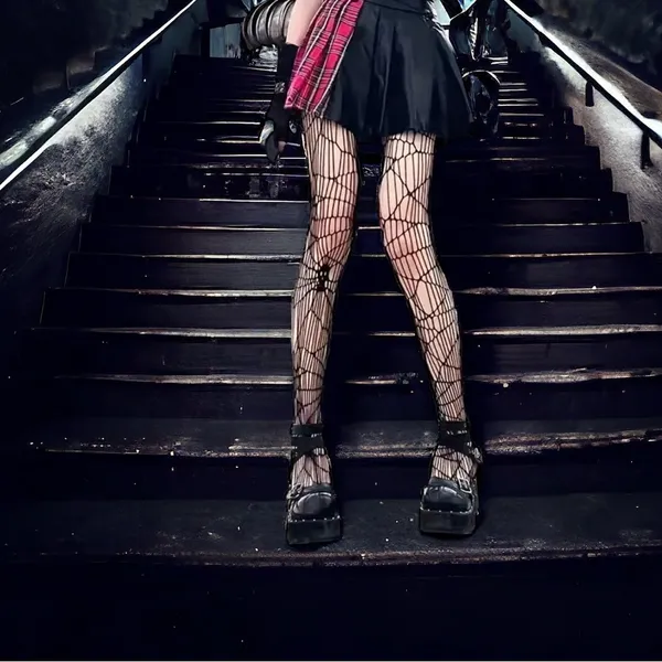 Black Gothic Skull Pattern Fishnet Tights Sexy Hollow Out Mesh Pantyhose OneSize - Image 3