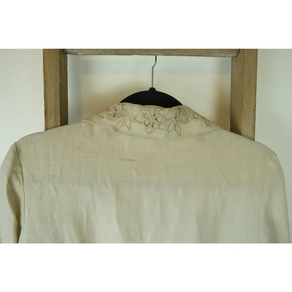 Vintage AMI 100% Linen Tan Embroidered Floral Button Up Long Sleeve Womens M - Image 6