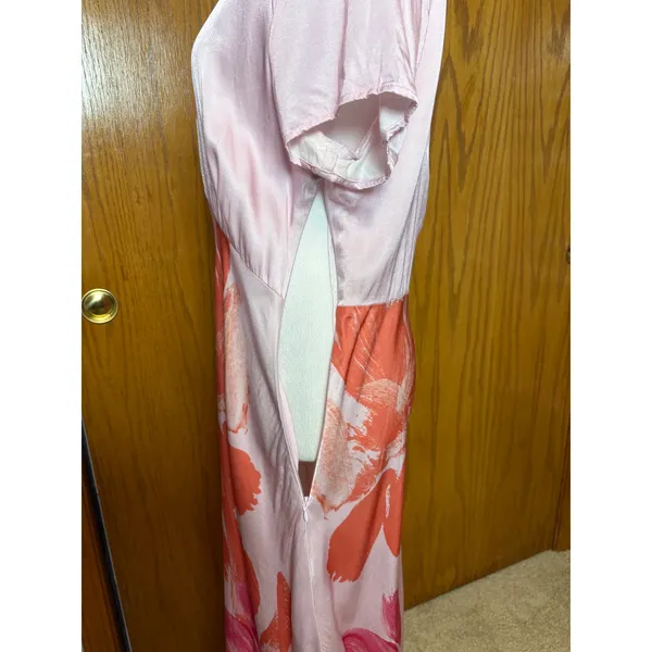 Anthropologie Pink Floral Short Sleeve Maxi Slip Dress Side Slit Tropical - Image 7