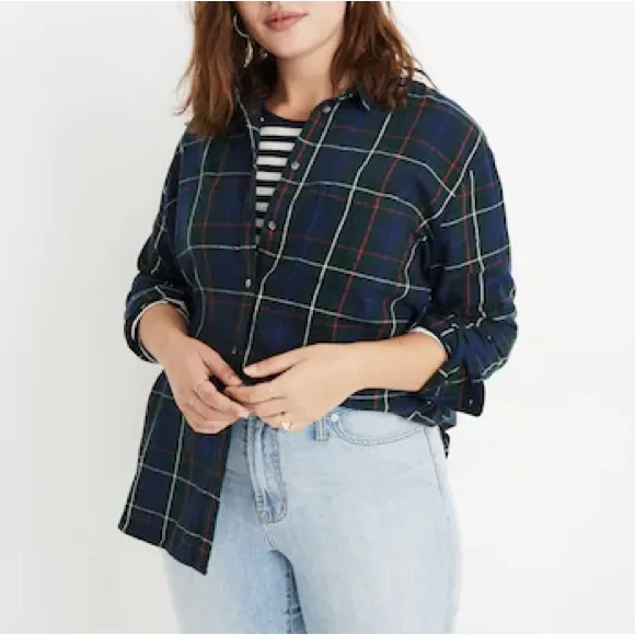 Madewell Flannel Oversized Ex-Boyfriend Shirt in Dark‎ Plaid 100% Cotton Size XS - Image 8
