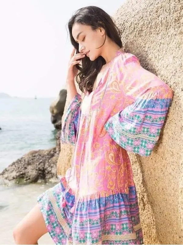Coco + Carmen Boho Paisley Tunic Dress Pink Blue Tassel Tie Size L/XL Hippie - Image 6