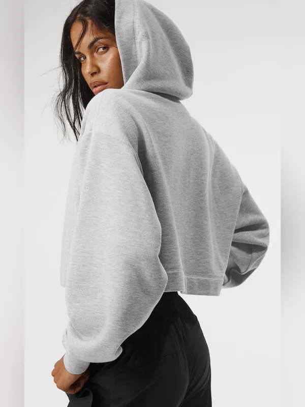 Alo NWT Bae Hoodie Athletic Heather Grey Cropped Pullover Sweatshirt Size L - Image 3