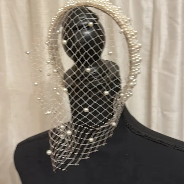 Hand made pearl headband with veil also with pearl embellishment - Image 3