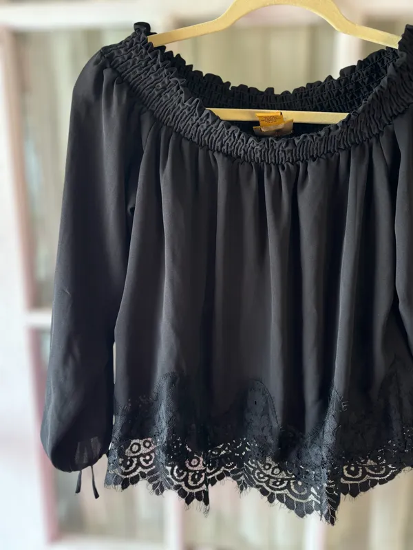 Wrangler Women’s Small Retro Black Frayed Lace Long Tie Sleeve Western Blouse - Image 8