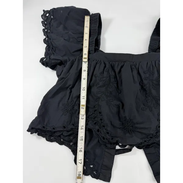American Eagle Black Eyelet Embroidered Tie Back Crop Top Small Square Neck Puff - Image 7