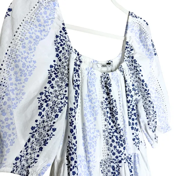 ZARA Floral Tiered Eyelet Lace Maxi Dress Medium White Blue Cottagecore Prairie - Image 4