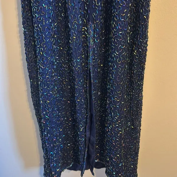 Vtg Laurence Kazar Halter Beaded embellished silk formal gown dress blue gold‎ L - Image 10