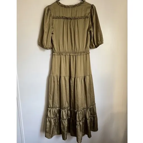 BOHME Womens green satiny tiered long ruffled midi dress sz S prairie cottage - Image 3