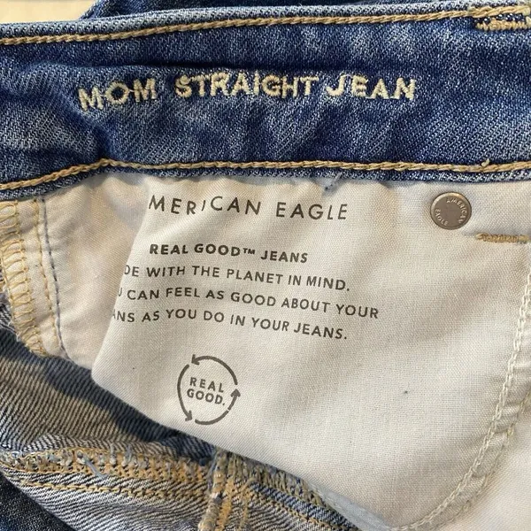 American Eagle Mom Straight Jean Blue Jeans Denim Ripped Plaid Patch Size 16 - Image 7