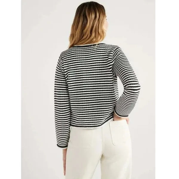 Free Assembly Womens Cardigan Size XS Black Stripe Crochet Trim Long Sleeve Soft - Image 3