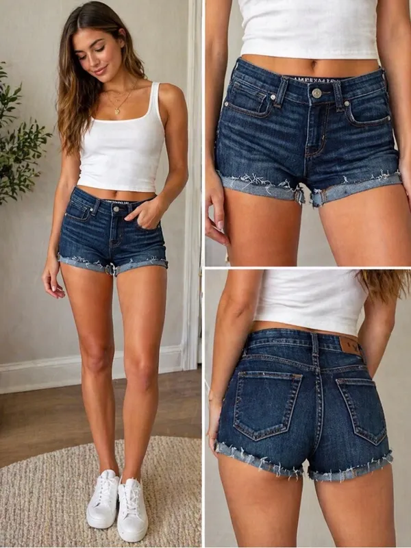 American Eagle Outfitters Dark Blue Denim Frayed Hem Jean Shorts - Image 2