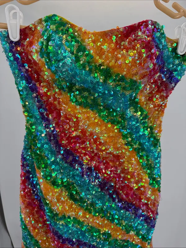 Gigi Multicolor rainbow full Sequin Mini Dress strapless 0 colorful pride event - Image 6