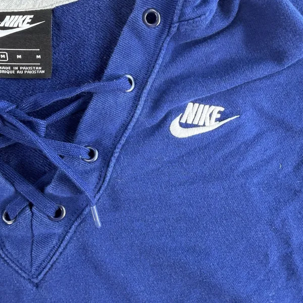 Nike M Medium Hoodie Sweatshirt Classic Swoosh Pullover Deep V-Neck Lace Up Blue - Image 3