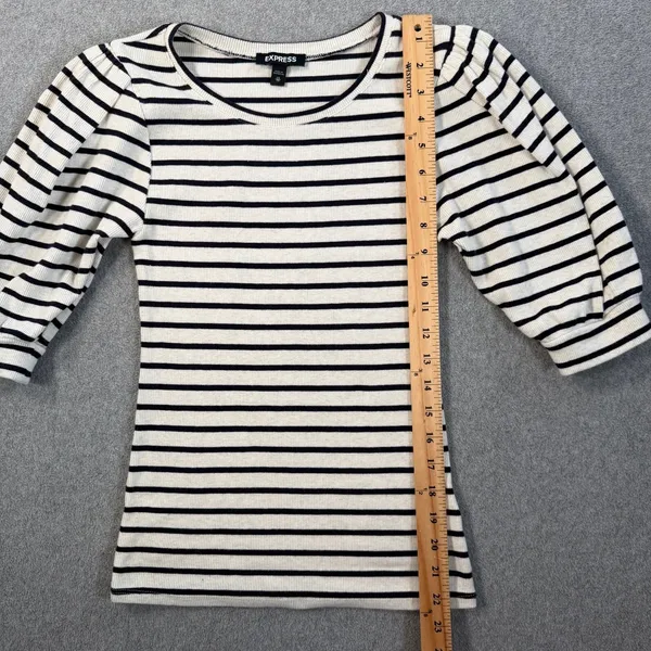 EXPRESS Women's X-Small Striped Ribbed Knit Puff Sleeve Top Cream Black Blouse - Image 6