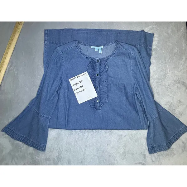 Draper James NWOT Chambray Ruffle Shift Dress Blue Denim 3/4 Bell Sleeve SZ Z SZ - Image 4