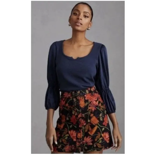 Anthropologie Maeve Blue‎ Ribbed Satin Tiered Balloon Sleeve Cropped Top Size S - Image 2