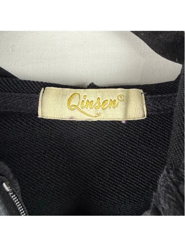 Qinsen Cropped Zip Up Hoodie XS Black Cargo Sleeve Utility Jacket Y2K Streetwear - Image 4