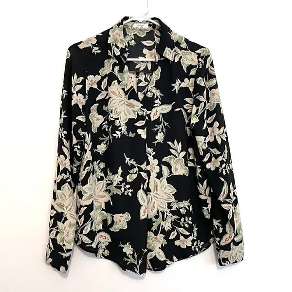 MAURICES Atwood Pleated Floral Blouse Black Cream Beige Long Sleeve Work Office - Image 2