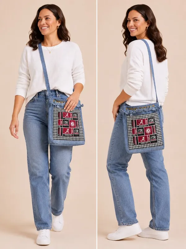 Handmade University of Alabama Crossbody Bag Denim Multi Pocket Crimson Tide - Image 2
