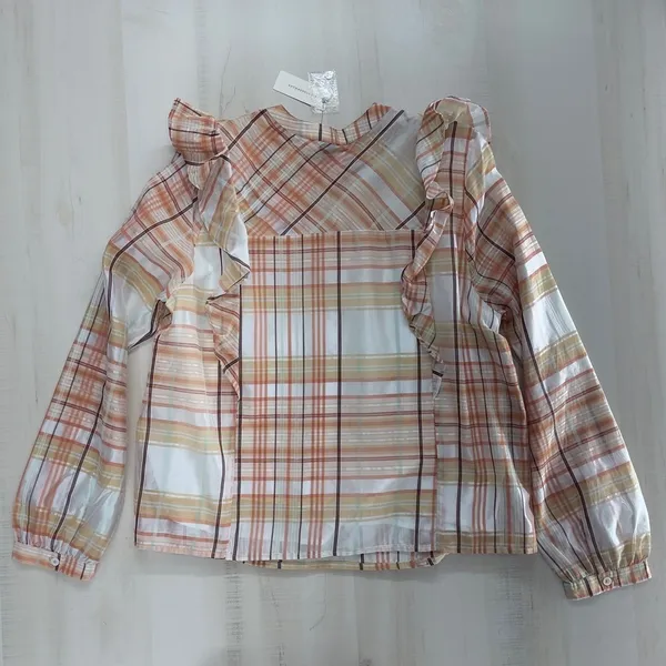 nwt ANTHROPOLOGIE current air ruffle plaid blouse top event work L - Image 6