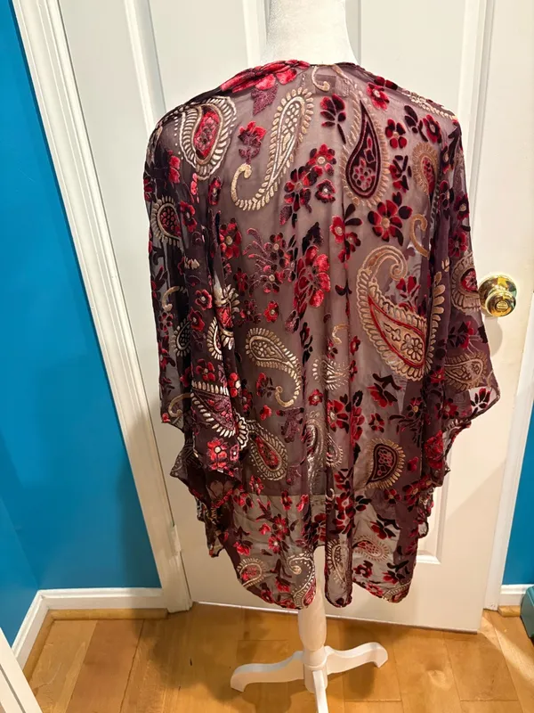 Loft Burnout Velvet Paisley Floral Sheer Kimono top maroon one size boho - Image 3