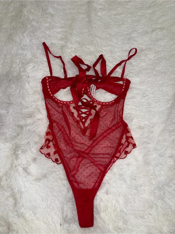 Victoria's Secret Red Sheer Lace-Up Teddy size Large Lingerie - Image 2