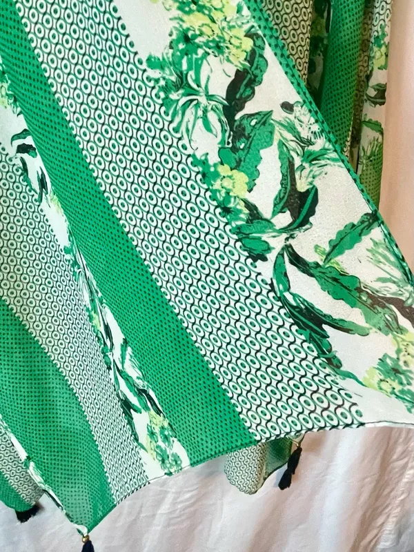 Kimono Cover Up - Open Cardigan ~ One Size ~ Green White Floral ~ Tassel Trim - Image 2