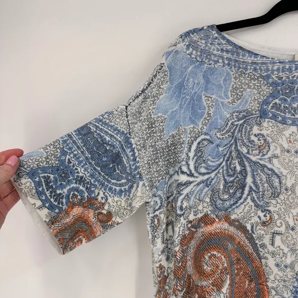 Chico's Paisley Knit Top Size L Blue Orange Button Detail‎ Boho Boxy Beachy - Image 3
