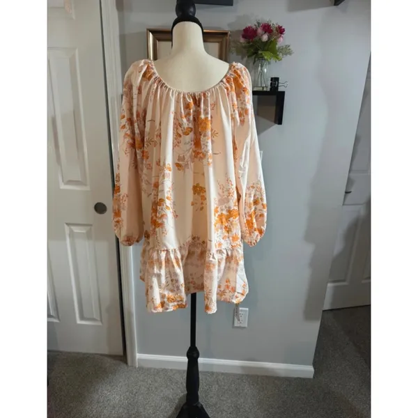 Cider Floral Off The Shoulder Mini Dress Orange Cream Ruffle Hem Long Sleeve M - Image 3