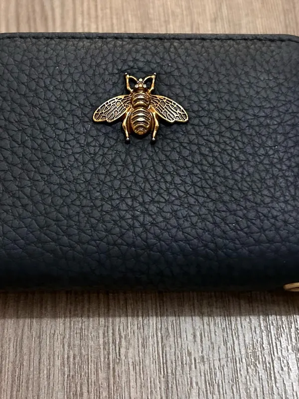 Black Leather Zip-Around Wallet with Gold Bee Accent and Chain RFID - Image 2