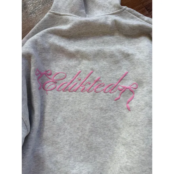 Edikted Gray Heather Pink Bow Puff Print‎ Oversized Hoodie XL Coquette Y2K - Image 4