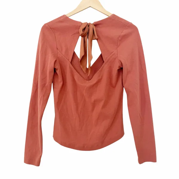 Free People Terracotta Satin Ribbon Tie Back Long Sleeve Top Sz M - Image 5
