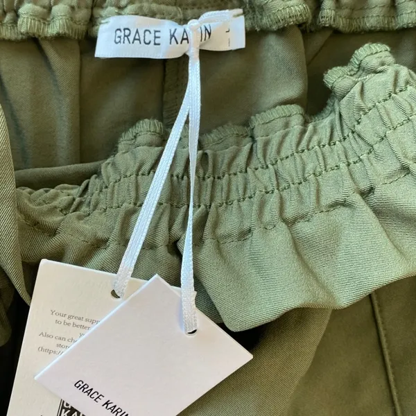 Grace Karin Paperbag Waist Pants Olive‎ Green Tie Belt Cropped Ankle Leg L NWT - Image 4